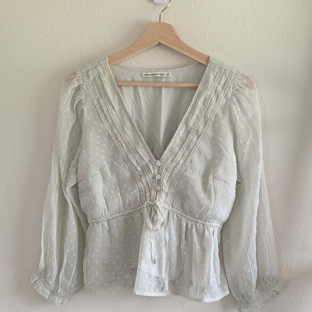 Abercrombie & Fitch Mint Green Peplum Flowy Blouse with Swiss Dots - Sz S